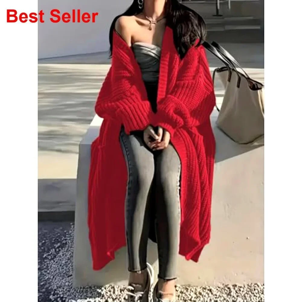 Oversized Long Cardigan Sweater with Pockets, Chunky Cable Knit, Open Front